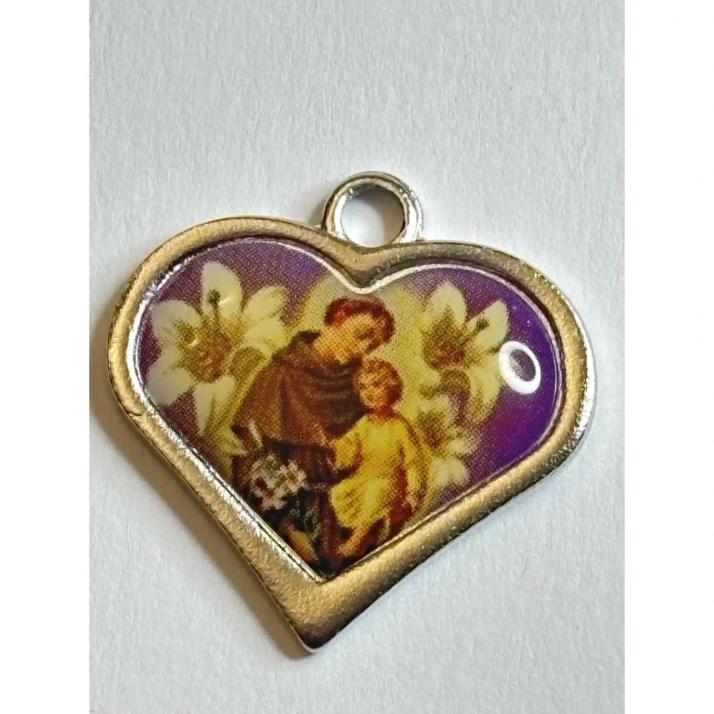 Vintage 1970's St Anthony's with Baby Jesus Purple  Flower Heart Pendant